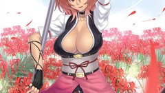 Flowers weapons Lilies Anime red eyes gloves vertical pink hair 