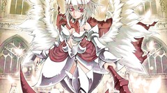 Flowers weapons wings armor navel white hair red eyes buildings 