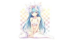 Flowers white background navel sitting blue hair smiling long 