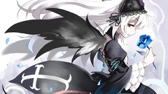 Flowers wind roses wings cross Anime dress Profile white hair 