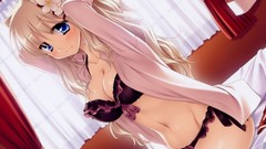 Flowers window beds blondes anime girls blue eyes bra cleavage 