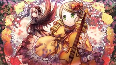 Flowers wings Anime dress red eyes blondes violins long hair 
