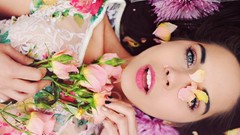 Flowers winter woman brunettes lip gloss seductive eyes 