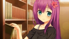 Flowers woman Anime green eyes purple hair bookcase