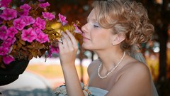 Flowers woman bouquet dress earrings blondes brides necklaces