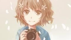 Flowers woman Cameras brown eyes brunettes short hair hanasaku 