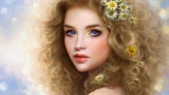 Flowers woman faces blondes blue eyes freckles curly hair 