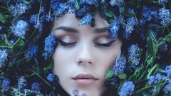 Flowers woman faces closed eyes blue flowers mascara