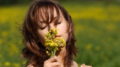 Flowers woman fields outdoors closed eyes brunettes models MPL 