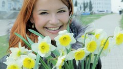 Flowers woman smiling laughing daffodils redheads gingers 