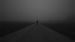 Fog dark roads lonely monochrome loner lone man