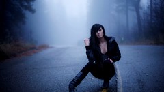 Fog woman roads jackets boots brunettes piercings forests 