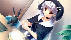 Food Anime rabbits hats red eyes Ribbons bows long hair gray 