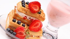 Food blueberries cream strawberries waffles milkshakes deserts