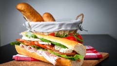 Food bread tomatoes salad salami sandwiches potatoes