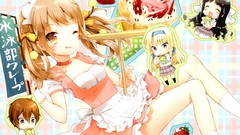 Food Chibi anime girls brown eyes waitress brunettes wink 