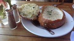 Food clam bread soup Salt bowl peppers Chowder