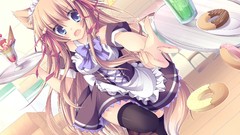 Food dress blondes anime girls blue eyes waitress animal ears 