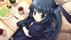 Food dress Chips Tables drinks mugs bows long hair anime girls 