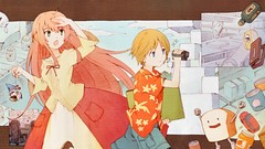 Food dress pink hair long hair anime girls green eyes open 