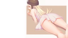 Food dress white background red eyes blondes eating long hair 