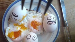 Food eggs Breakfast plates Tables yolks Knives funny scared 