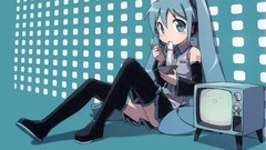 Food headphones hatsune miku vocaloid cyan twintails thigh 