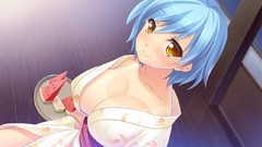 Food kimono blue hair short hair yellow eyes hazuki game cg 