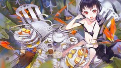 Food red eyes cakes lingerie short hair touhou black hair 
