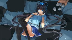 Food skirts long hair blue eyes vocaloid black hair lying down 
