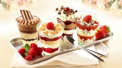 Food strawberries raspberries desserts spoons pudding
