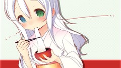 Food white hair eating blush long hair anime girls blue eyes 