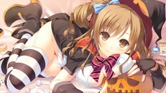 Food witch Halloween gloves pumpkins brown eyes striped legwear 