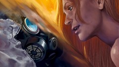 Gas masks orange hair digital art romantically apocalyptic 