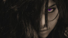 Girl purple face brunette glance predatory