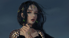 girl warrior Anime painting high contrast wlop black hair