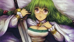 Glasses beds red eyes Swords anime girls braids green hair 