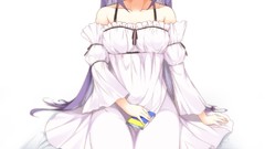 Glasses dress sitting blush long hair anime girls white dress 