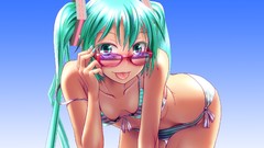 Glasses hatsune miku vocaloid bare shoulders bikini twintails 