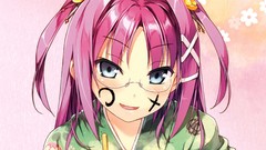 Glasses ink Ribbons blush pink hair smiling long hair anime 