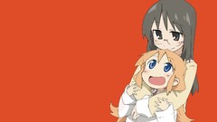 Glasses red background long hair anime girls blue eyes brown 