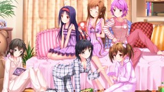 Glasses red eyes bedroom pink hair long hair pink eyes anime 