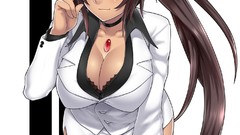 Glasses red eyes vertical bows skirts long hair brunettes 