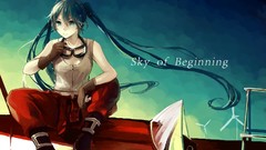 Gloves long hair green eyes hatsune miku skies vocaloid 