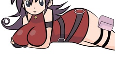 Gloves red dress belts smiling gray eyes purple hair huge boobs 