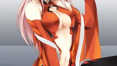 Gloves sitting pink hair long hair anime girls green eyes 