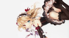 Gothic ass white background red eyes bows blondes smiling long 