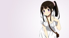 Gradient long hair anime girls brunettes ponytails purple eyes 