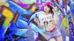 Graffiti woman asians caps street art asian girls short jeans