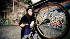Graffiti woman hats Bicycles urban asians brunettes graffiti 